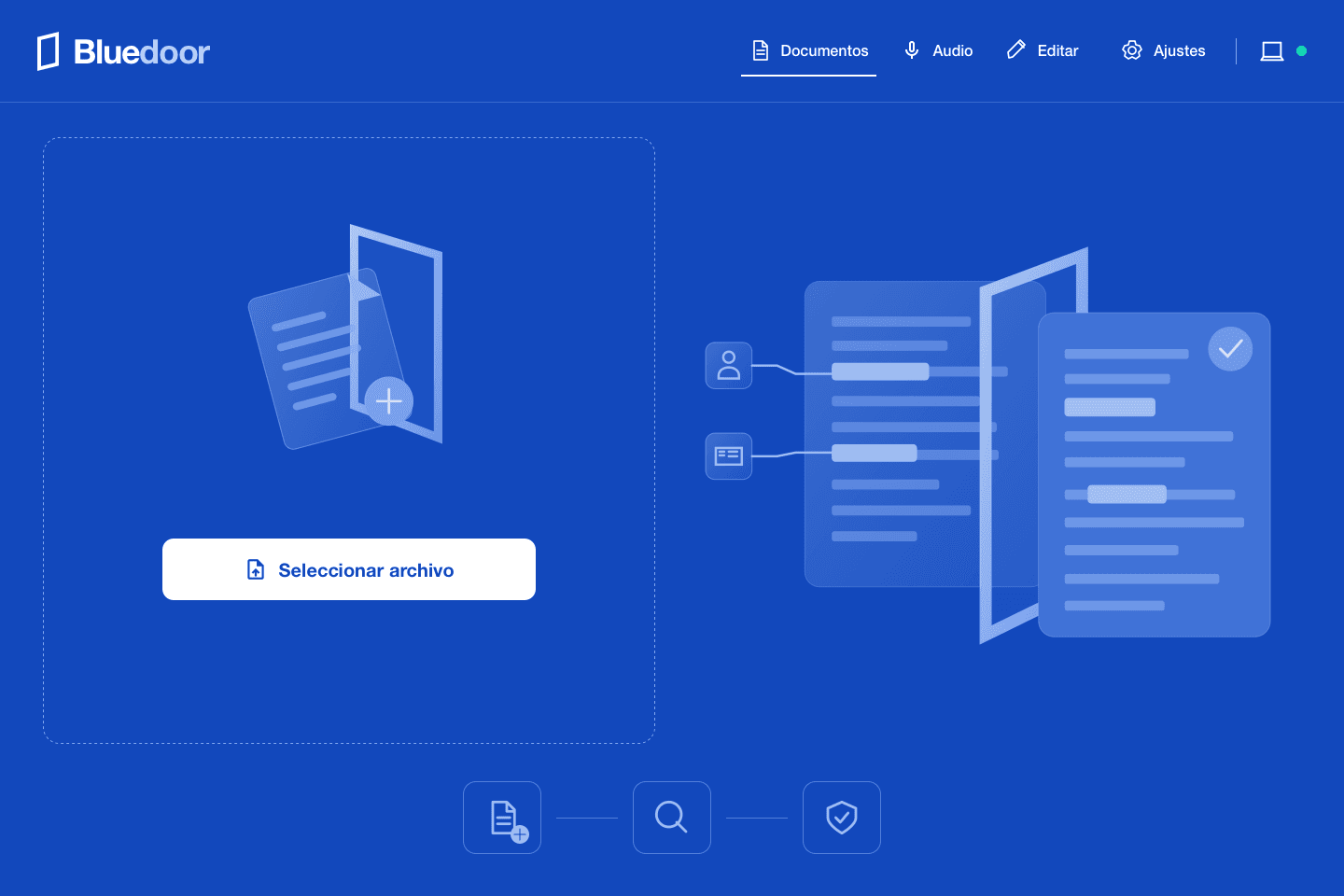 BlueDoor document import workspace with local processing, document review and audio navigation