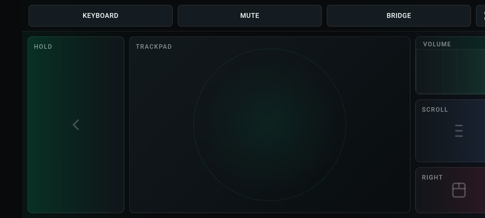 Linka controller interface in landscape mode with keyboard, mute, bridge, trackpad and volume controls