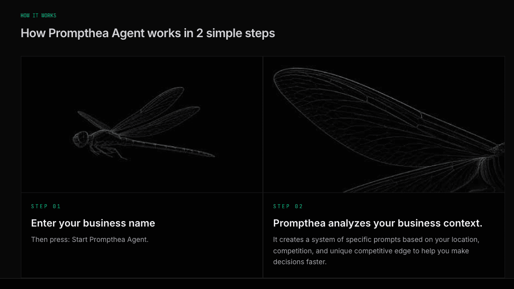 Prompthea Agent two-step workflow with business input and contextual analysis